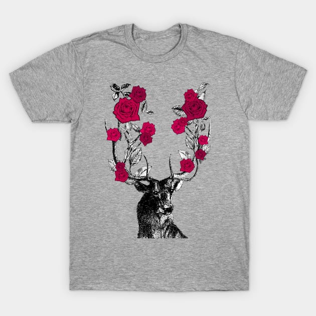 Stag and Roses | Stag and Flowers | Red Roses | T-Shirt by Eclectic At Heart